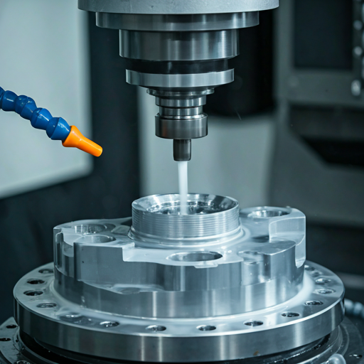 Máquina CNC fresando una pieza de metal con fluido refrigerante