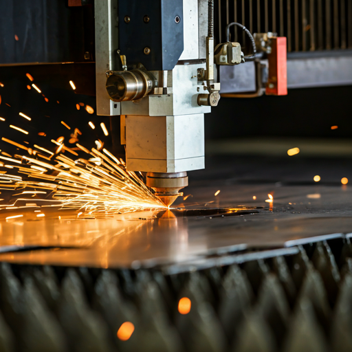 Máquina de corte láser industrial trabajando sobre lámina de metal con chispas brillantes