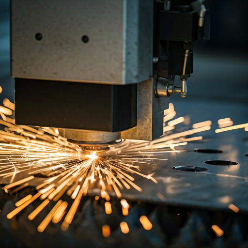 Primer plano de corte láser en lámina de metal con chispas volando