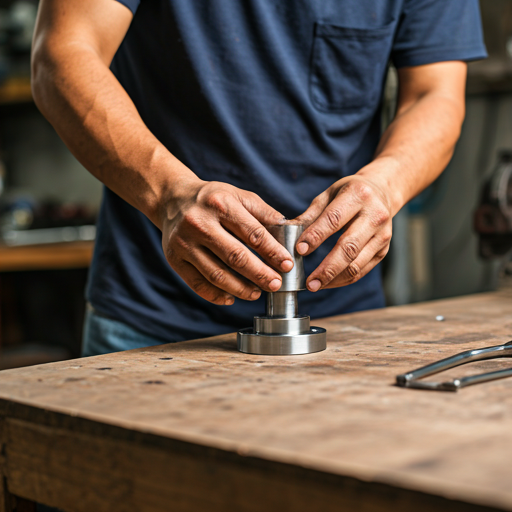 Técnico ensamblando piezas de metal en un banco de trabajo